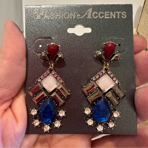 NWT Fashion Accents Earrings gold w/ maroon, pink, royal blue & hematite jewels - Picture 5 of 8